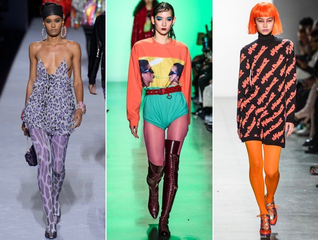 Tights for women in every color of the rainbow at Tom Ford Fall 2018, Adam Selman Fall 2018, Jeremy Scott Fall 2018