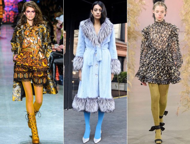 Colorful tights for women proved popular at New York Fashion Week at Anna Sui Fall 2018, Saks Potts Fall 2018, Ulla Johnson Fall 2018
