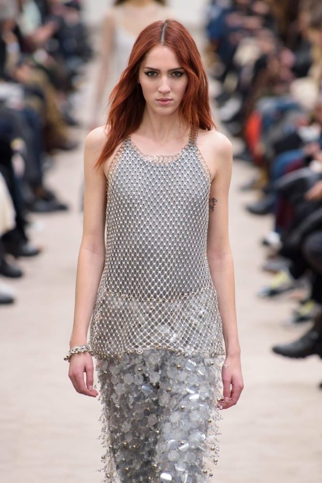 Teddy Quinlivan on the runway at Paco Rabanne Fall 2018.