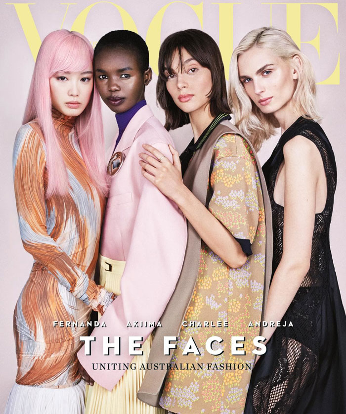 Akiima, Charlee Fraser and Fernanda Ly, Andreja Pejic Vogue Australia April 2018