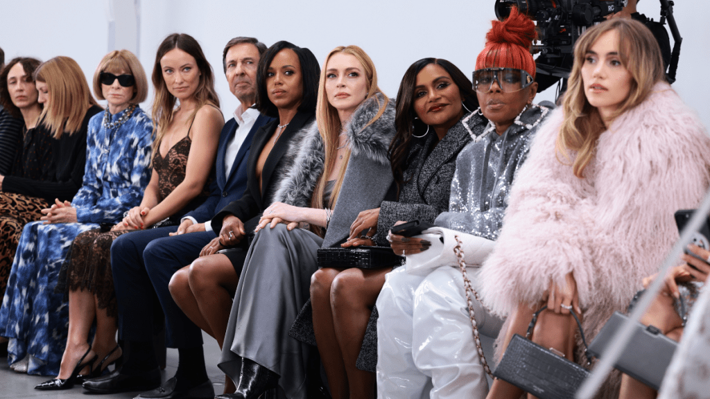 (L-R) Anna Wintour, Olivia Wilde, John D. Idol, Kerry Washington, Lindsay Lohan, Mindy Kaling, Mary J. Blige and Suki Waterhouse attend the Michael Kors Collection Spring/Summer 2025 Runway Show at The Shed on September 10, 2024 in New York City.