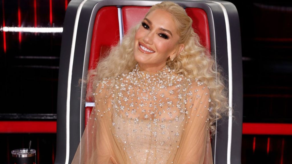 Gwen Stefani wearing a cloak dress at The Voice finale