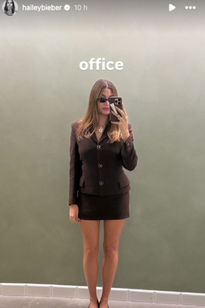 Hailey Bieber cinnamon skirt suit Instagram selfies