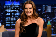 Brooke Shields strapless slit dress Jimmy Fallon's show