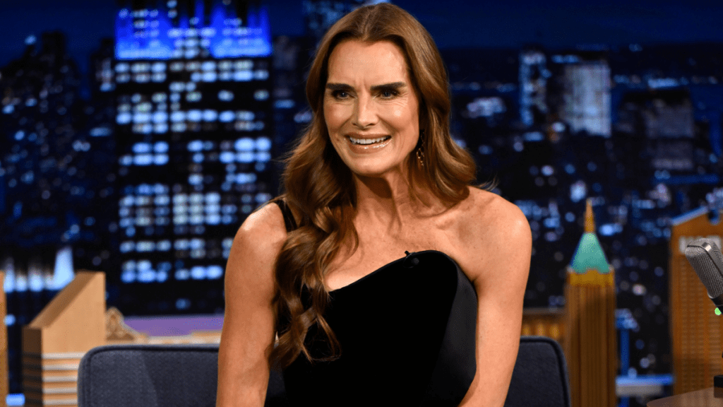 Brooke Shields strapless slit dress Jimmy Fallon's show