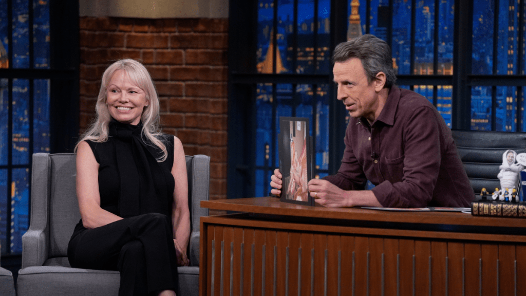 Actress/model Pamela Anderson during an interview with host Seth Meyers on January 8, 2024