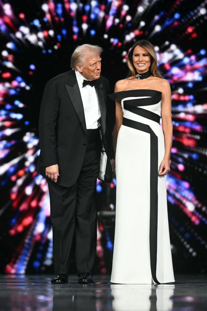 US President Donald Trump (L) and First Lady Melania Trump arrive for the Liberty inaugural ball in Washington, DC, on January 20, 2025.