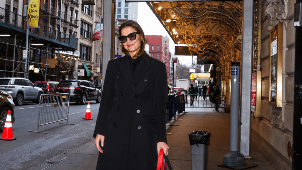 Katie Holmes is seen arriving for a performance of "Our Town" on January 19, 2025 in New York City.