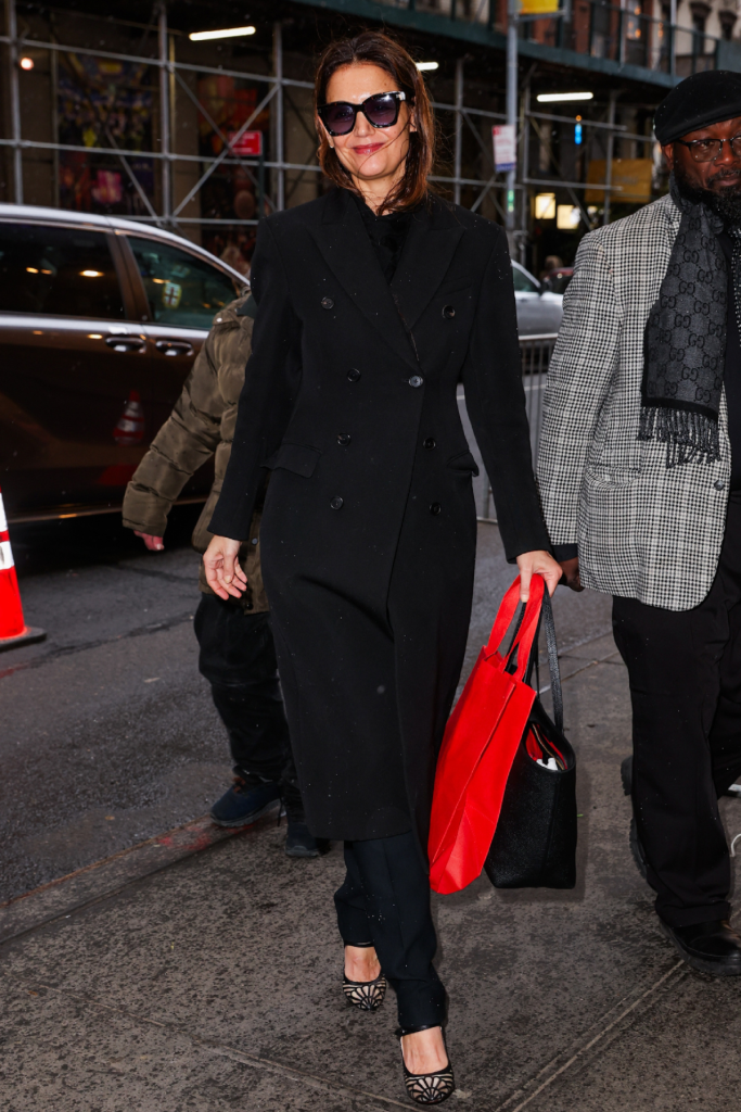 Katie Holmes is seen arriving to perform in "Our Town" on Broadway on January 19, 2025 in New York City.