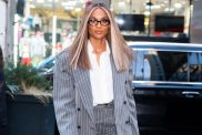 Ciara is seen wearing a Helsa suit with Louboutin shoes and Bottega Veneta glasses in Midtown on January 29, 2025 in New York City.