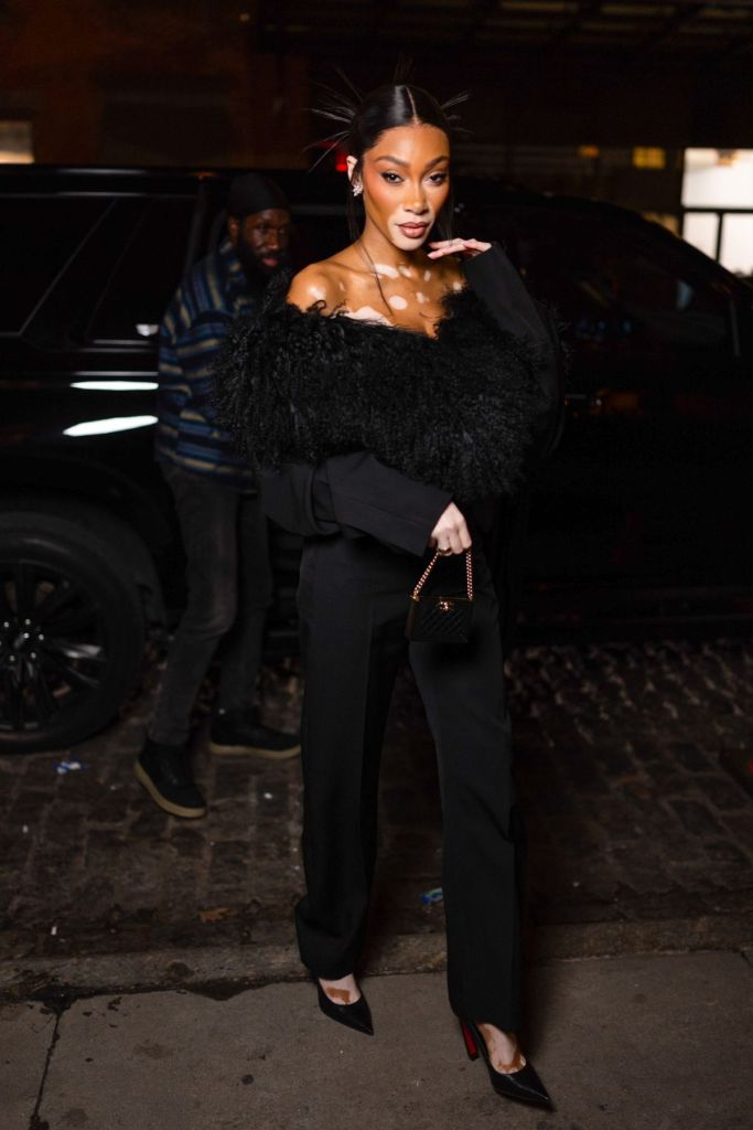 Winnie Harlow is seen during arrival of KFN at NYFW celebration dinner on February 05, 2025 in New York City.