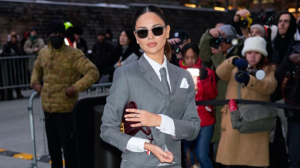 Eiza Gonzalez arrives at the Thom Browne Fashion Show on February 11, 2025 in New York City.